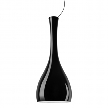Glaspendelleuchte mit schwarz glänzendem Schirm, schwarzer Halterung und schwarzem Textilkabel