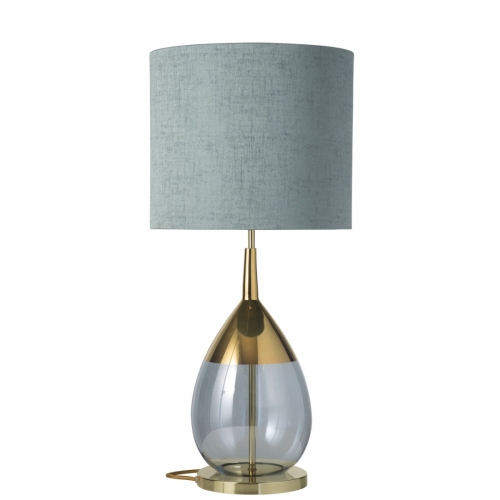 Topasglas-Tischlampe mit Gold-Sockel, bestückt mit flachem Schirm in der Farbe Taubenblau